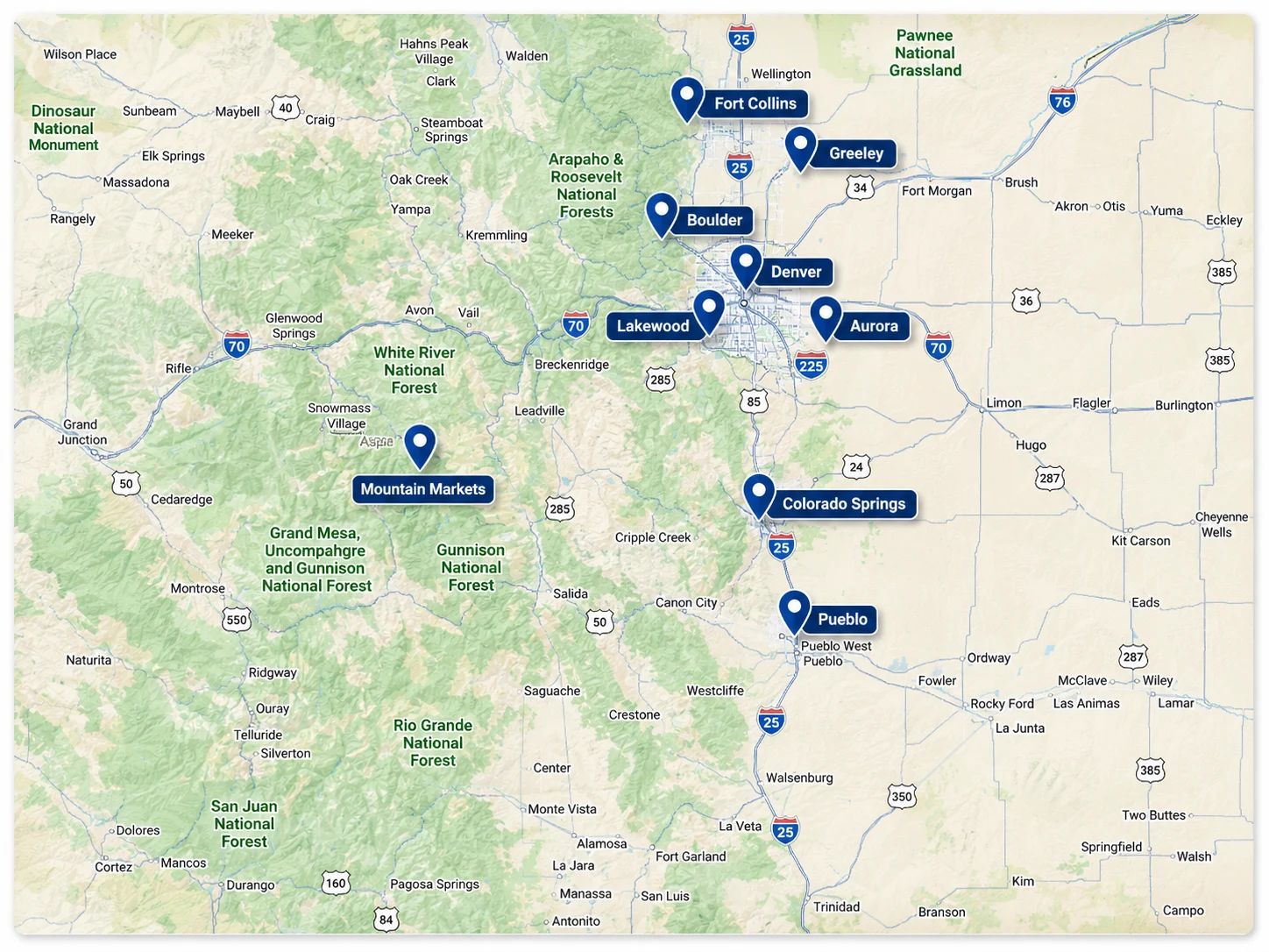 Colorado market coverage map showing Fort Collins, Greeley, Boulder, Denver, Lakewood, Aurora, Mountain Markets, Colorado Springs, and Pueblo.